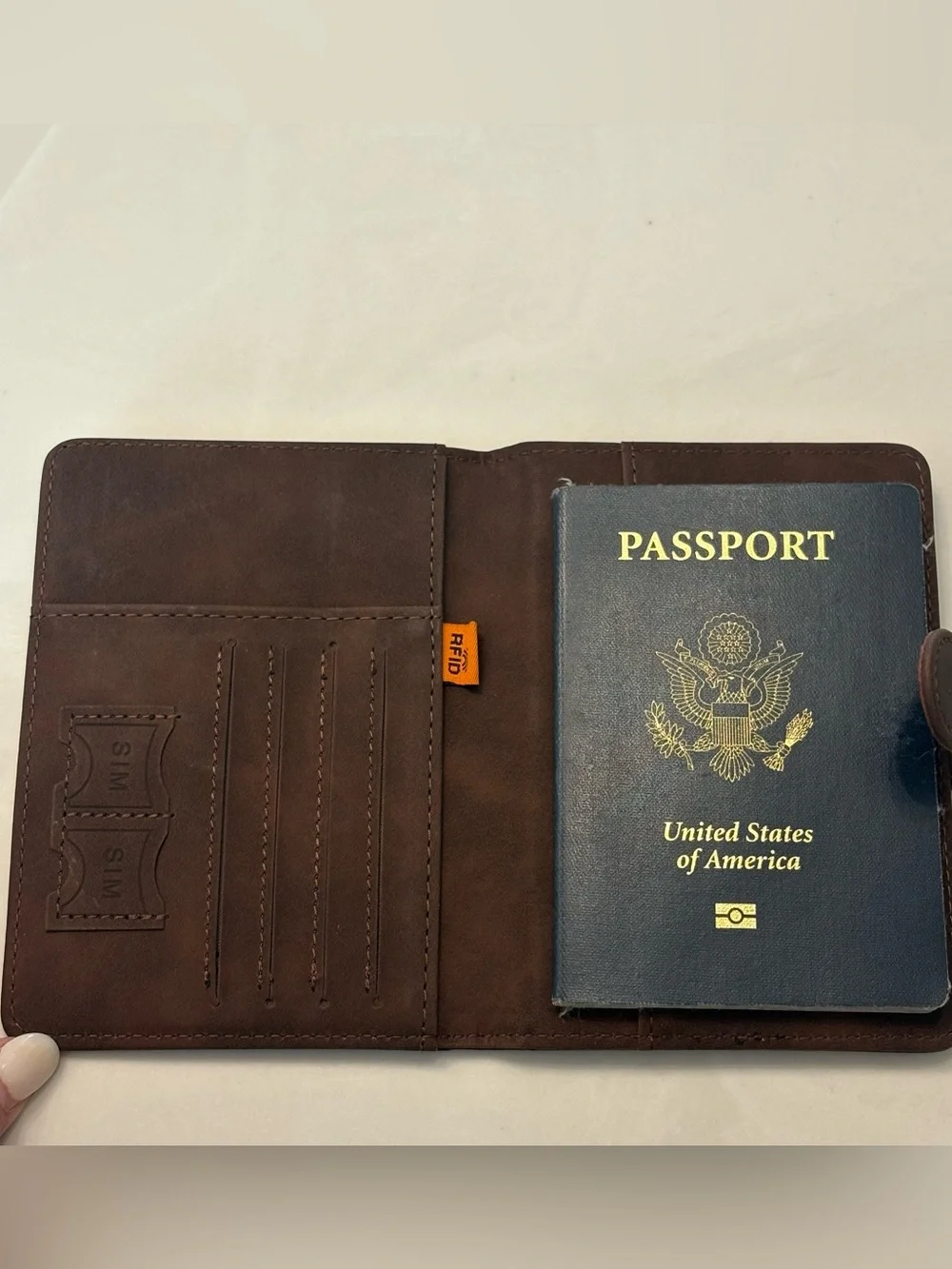 NEW Dark Brown Vegan Leather Slim Passport Holder RFID Blocking Embossed 7 pkt